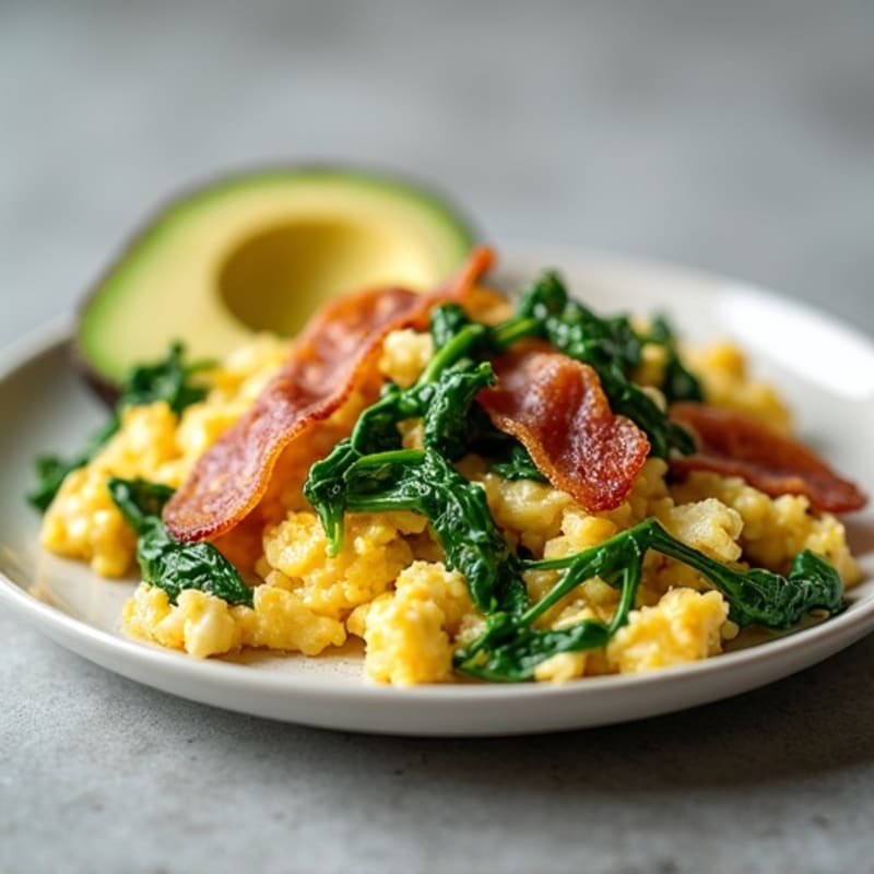 Cottage Cheese and Egg Scramble with Sautéed Spinach and Turkey Bacon