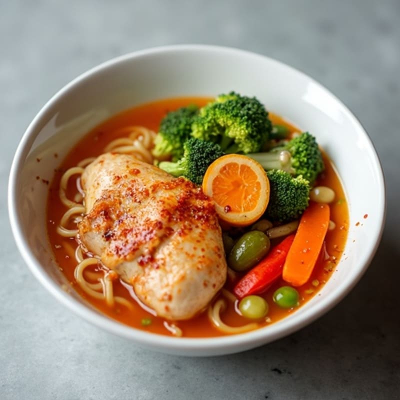 Spicy Sriracha Chicken Ramen with Fresh Vegetables