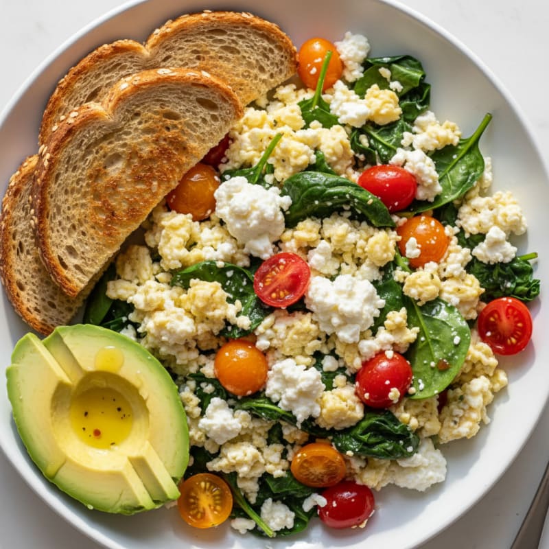 Cottage Cheese Scramble with Spinach and Cherry Tomatoes