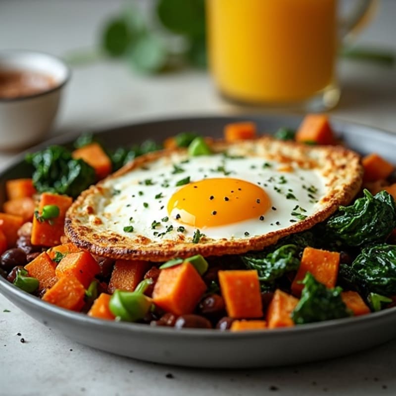 Crispy Fried Eggs with Roasted Sweet Potato Hash and Sautéed Spinach