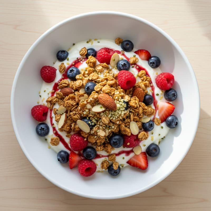 Greek Yogurt Parfait with Crunchy Almond Granola and Mixed Berries