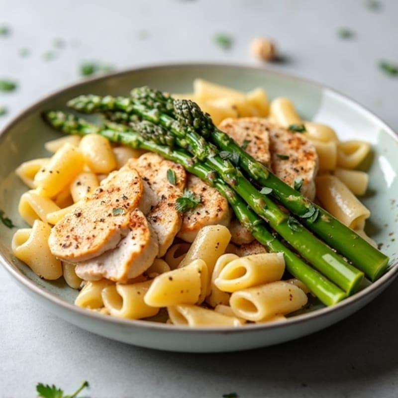Creamy Cashew Alfredo Pasta with Roasted Asparagus and Grilled Chicken