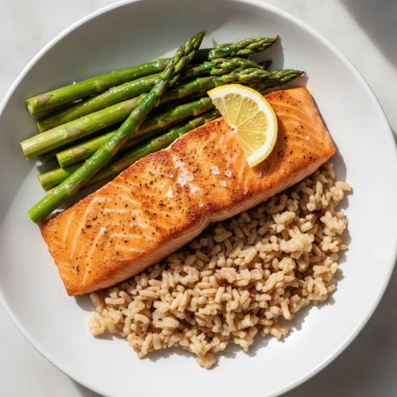 Seared Salmon with Steamed Asparagus and Brown Rice