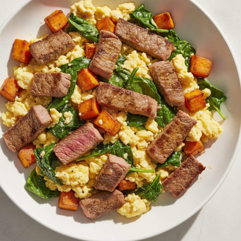 Grilled Steak and Egg Scramble with Spinach