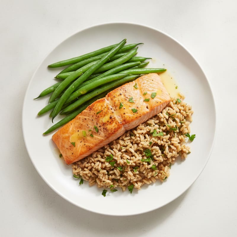 Seared Salmon with Steamed Green Beans and Herbed Brown Rice