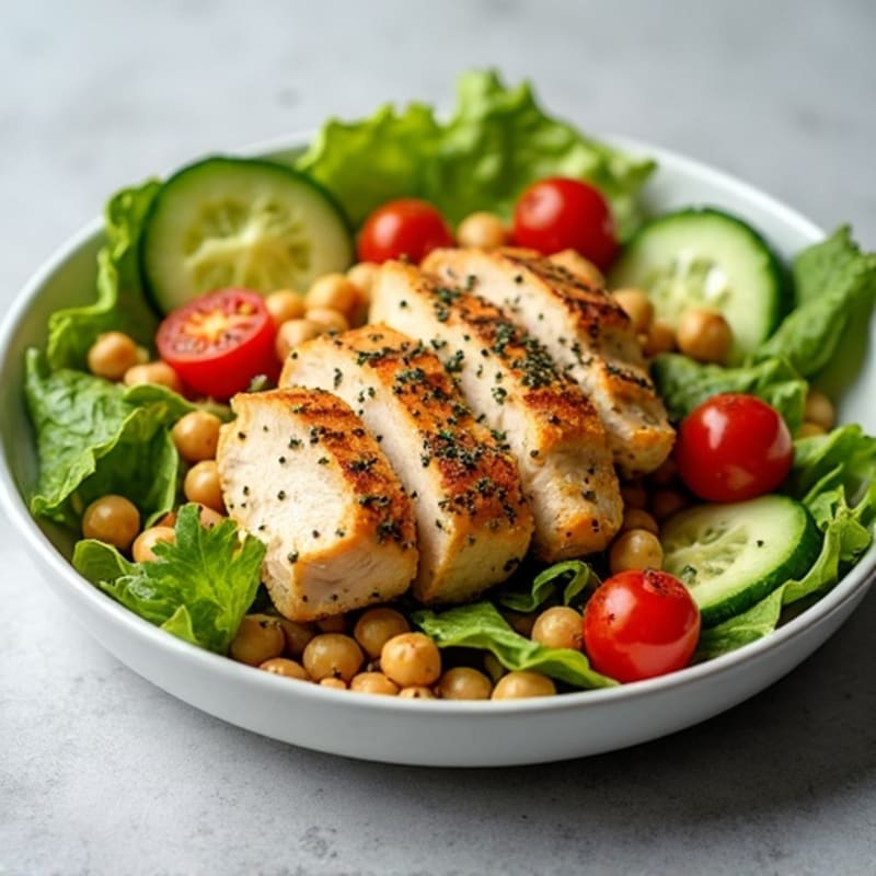 Grilled Lemon-Herb Chicken Salad with Crisp Romaine, Fresh Vegetables, and Chickpeas