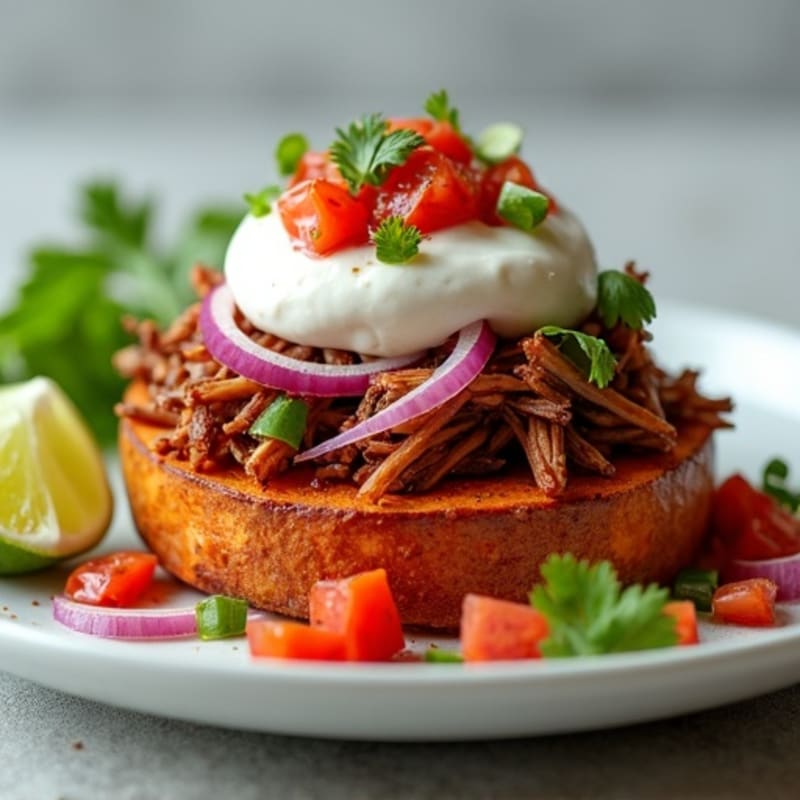Slow-Cooked Pulled Pork with Crispy Sweet Potato Rounds and Fresh Toppings