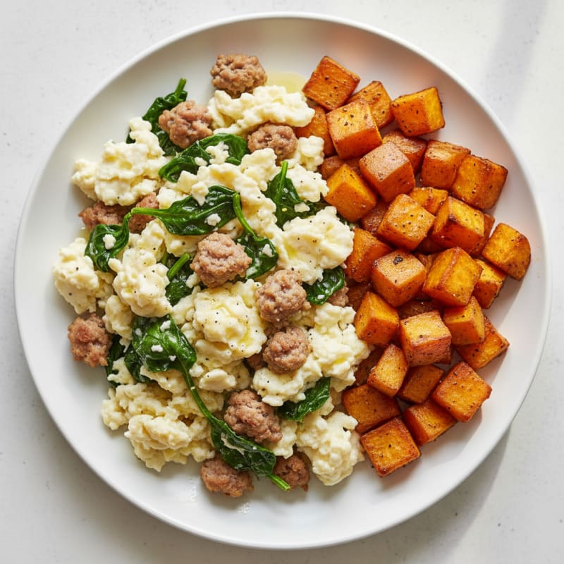Egg White and Turkey Sausage Scramble with Roasted Sweet Potatoes