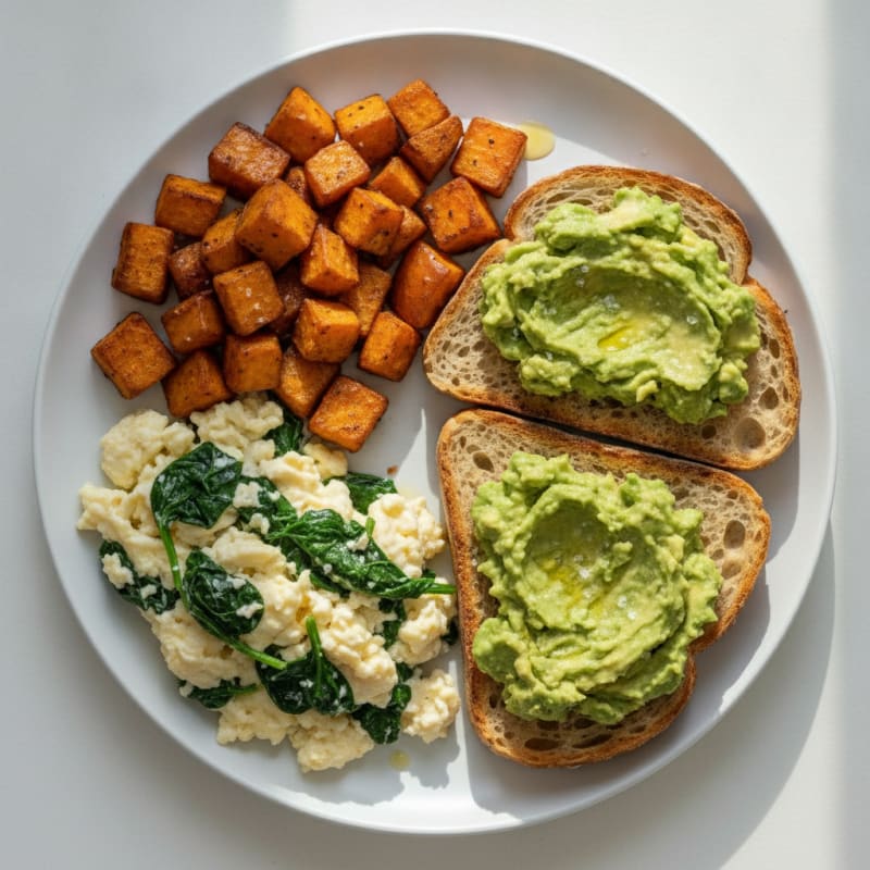 Egg White and Spinach Scramble with Sautéed Sweet Potatoes and Avocado Sourdough Toast