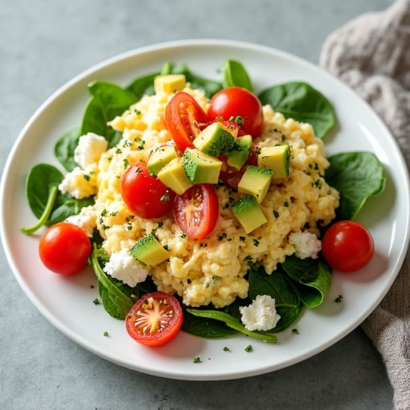 Cottage Cheese Egg White Scramble with Spinach and Cherry Tomatoes