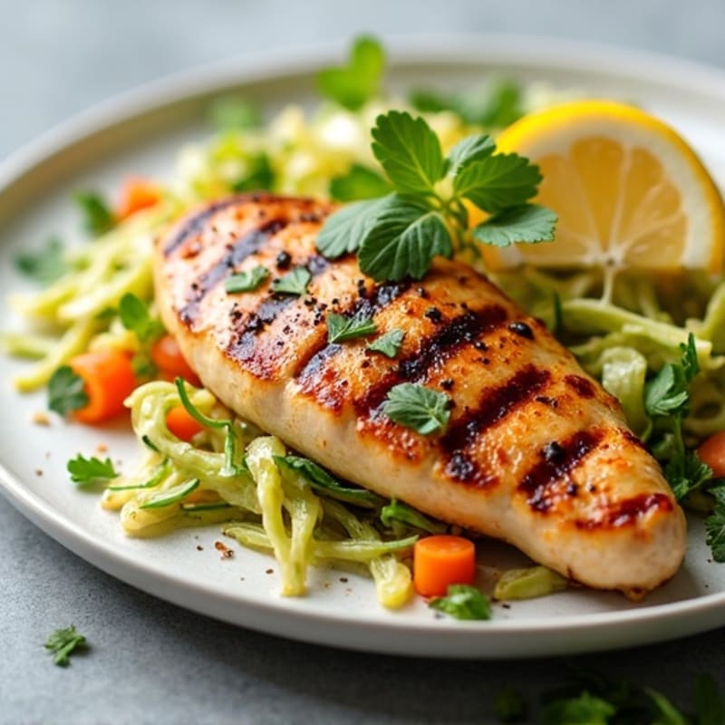 Grilled Chicken Breast with Crunchy Cabbage Slaw and Lemon Tahini Dressing