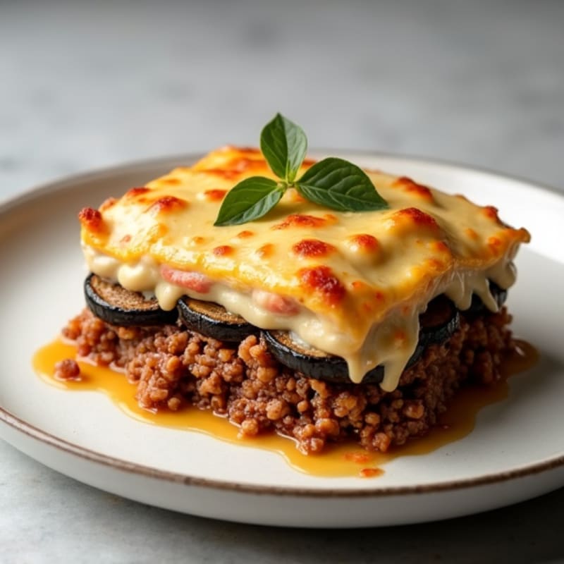 Layered Eggplant and Beef Casserole with Creamy Cashew Bechamel