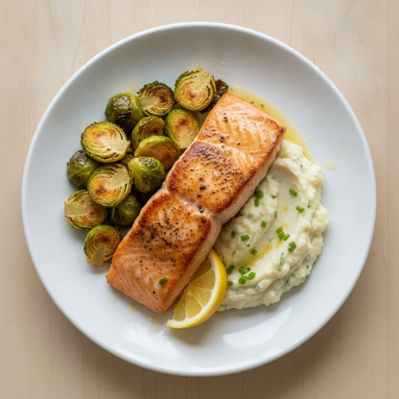 Seared Salmon Fillet with Roasted Brussels Sprouts and Garlic Mashed Cauliflower