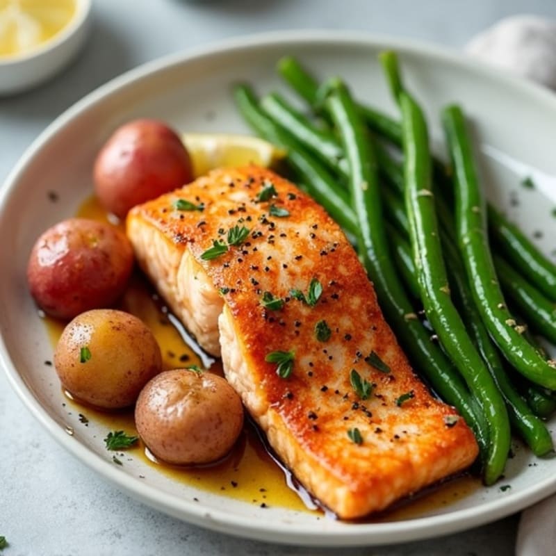 Crispy Pan-Seared Salmon with Garlic Roasted Potatoes and Fresh Green Beans