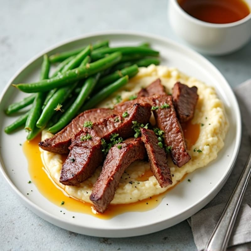 Seared Lean Beef Strips with Steamed Green Beans and Cauliflower Mash