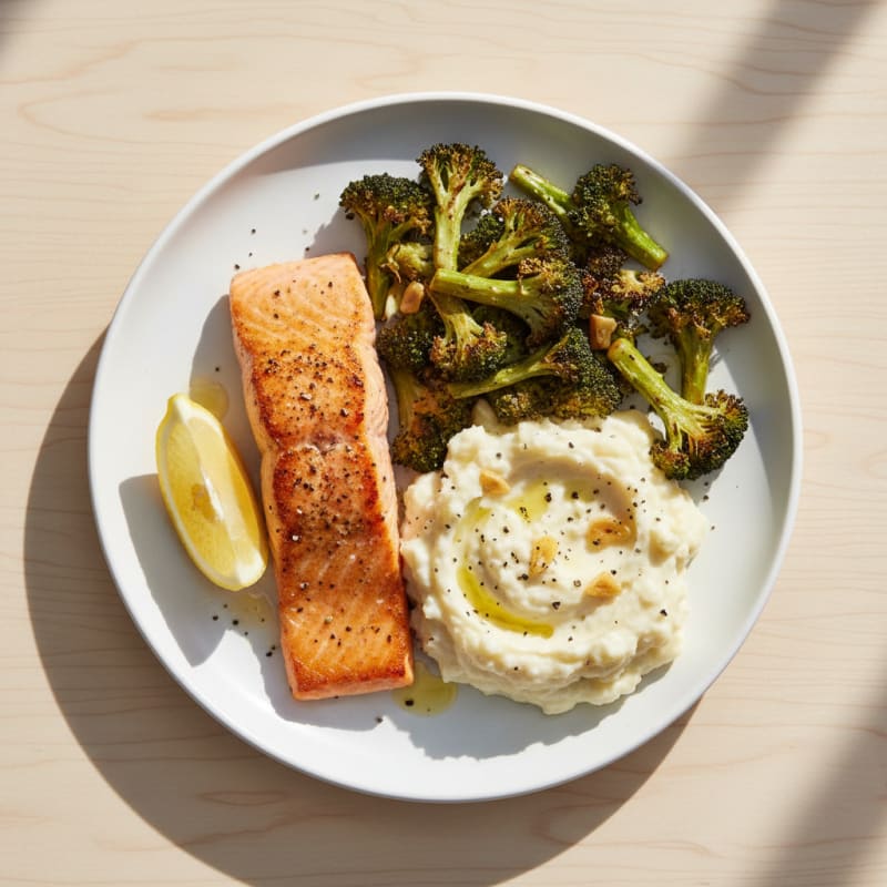 Seared Salmon with Roasted Broccoli and Garlic Mashed Cauliflower