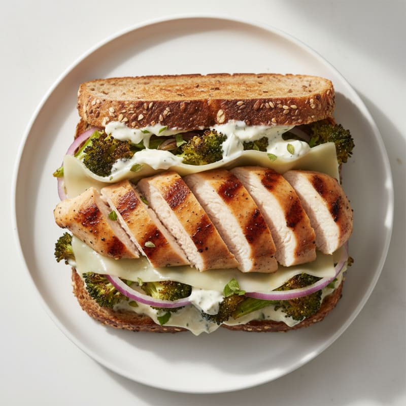 Grilled Chicken and Roasted Broccoli Sandwich with Yogurt Spread