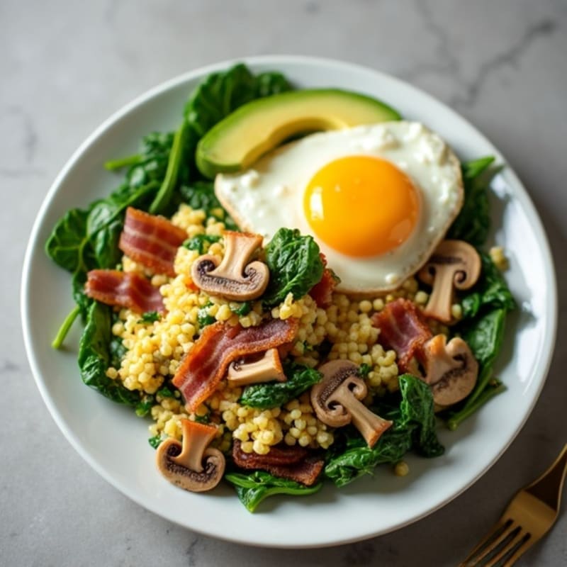 Egg White Spinach Scramble with Turkey Bacon and Sautéed Mushrooms