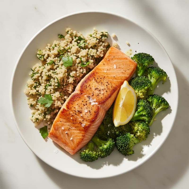 Seared Salmon with Steamed Broccoli and Herbed Quinoa