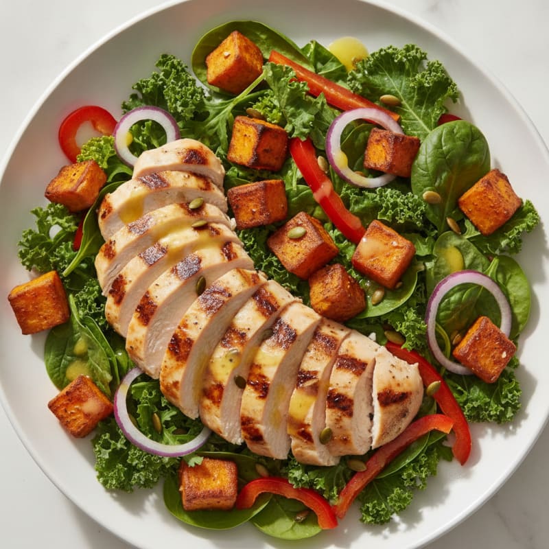 Grilled Chicken Salad with Roasted Sweet Potatoes and Lemon Olive Oil Vinaigrette