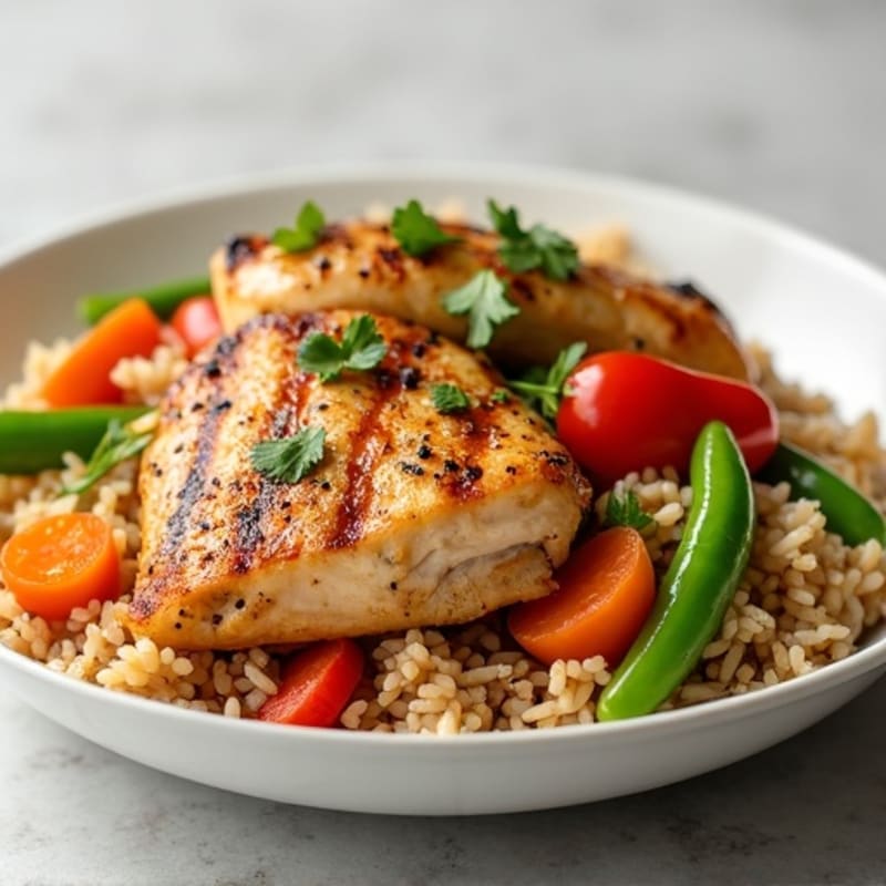 Grilled Chicken and Vegetable Stir Fry with Brown Rice