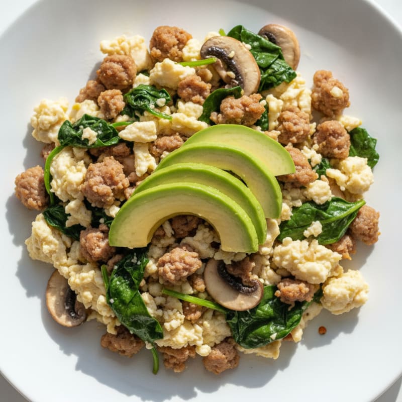 Egg White and Turkey Sausage Scramble with Spinach and Mushrooms