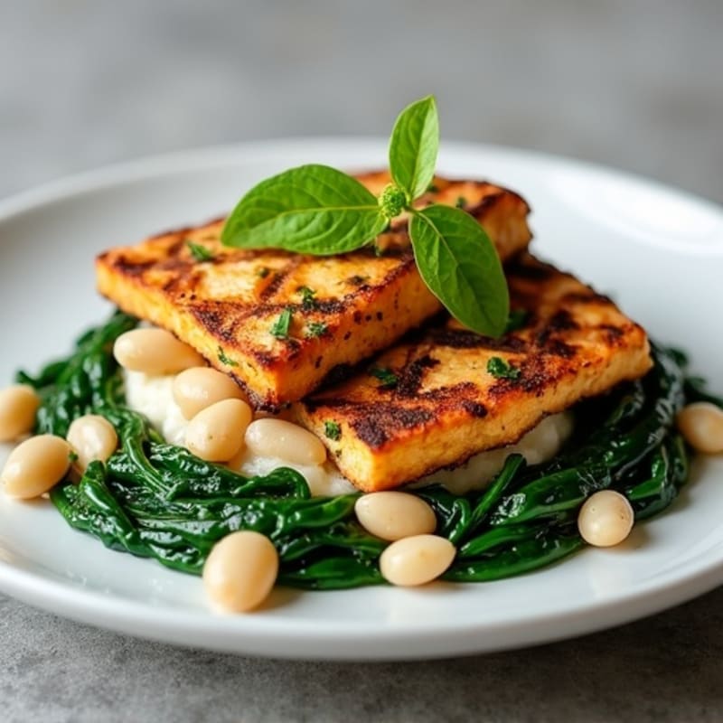 Grilled Tempeh with Creamy White Bean Mash and Sautéed Spinach