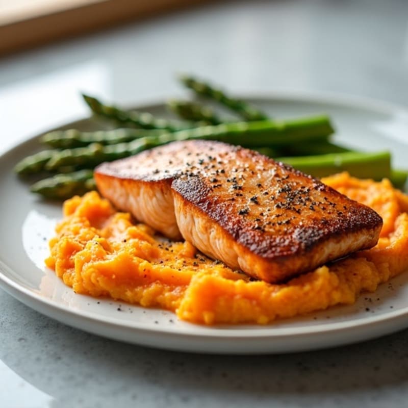 Seared Salmon with Steamed Asparagus and Sweet Potato Mash