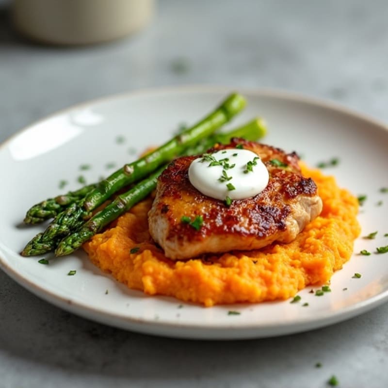 Seared Chicken Thighs with Steamed Asparagus and Sweet Potato Mash