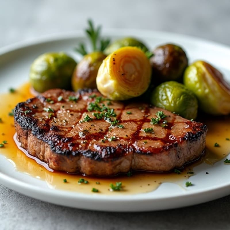 Seared Steak with Roasted Brussels Sprouts and Garlic Mushrooms