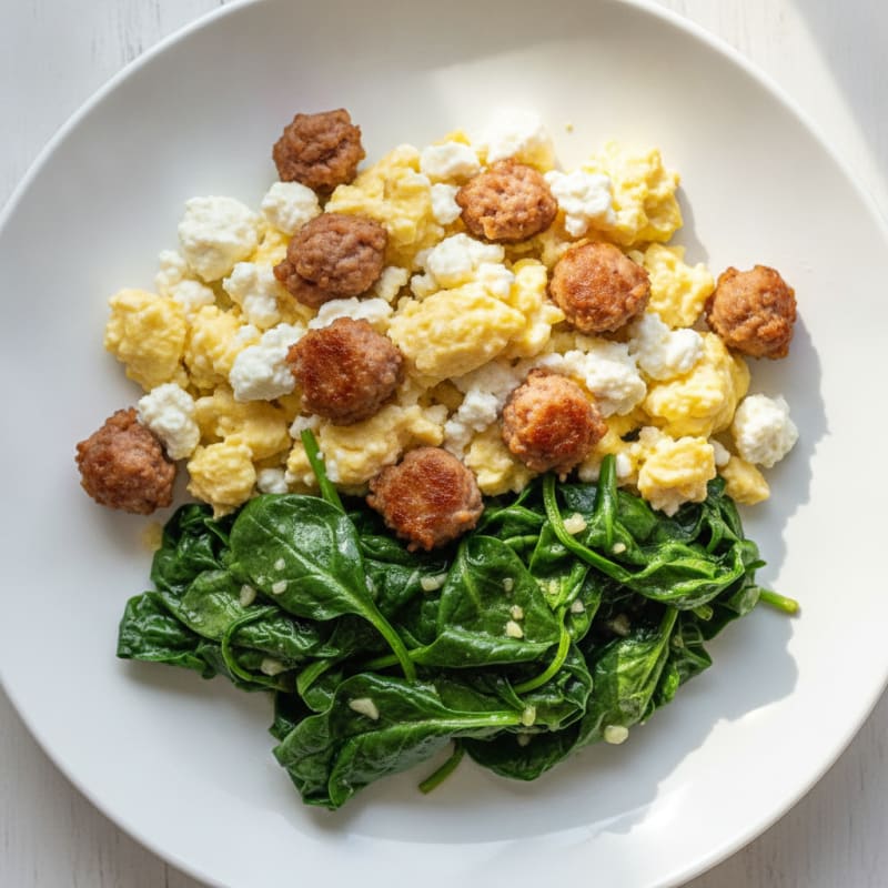 Cottage Cheese Scramble with Turkey Sausage and Sautéed Spinach