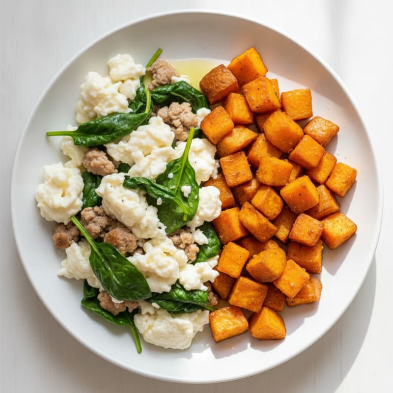 Egg White and Turkey Spinach Scramble with Roasted Sweet Potatoes