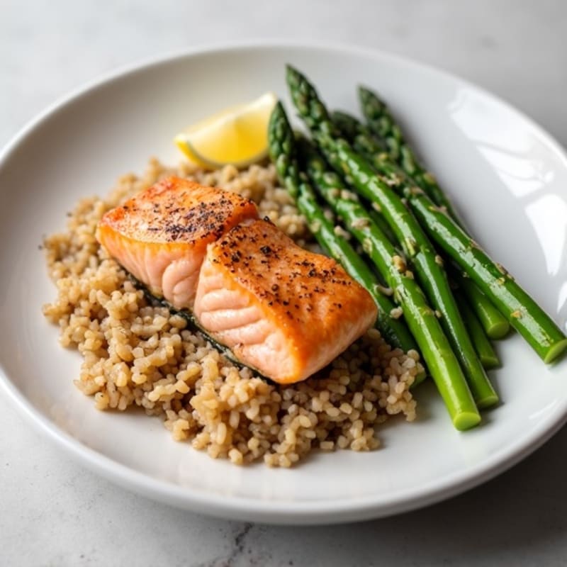 Seared Salmon Fillet with Steamed Asparagus and Brown Rice