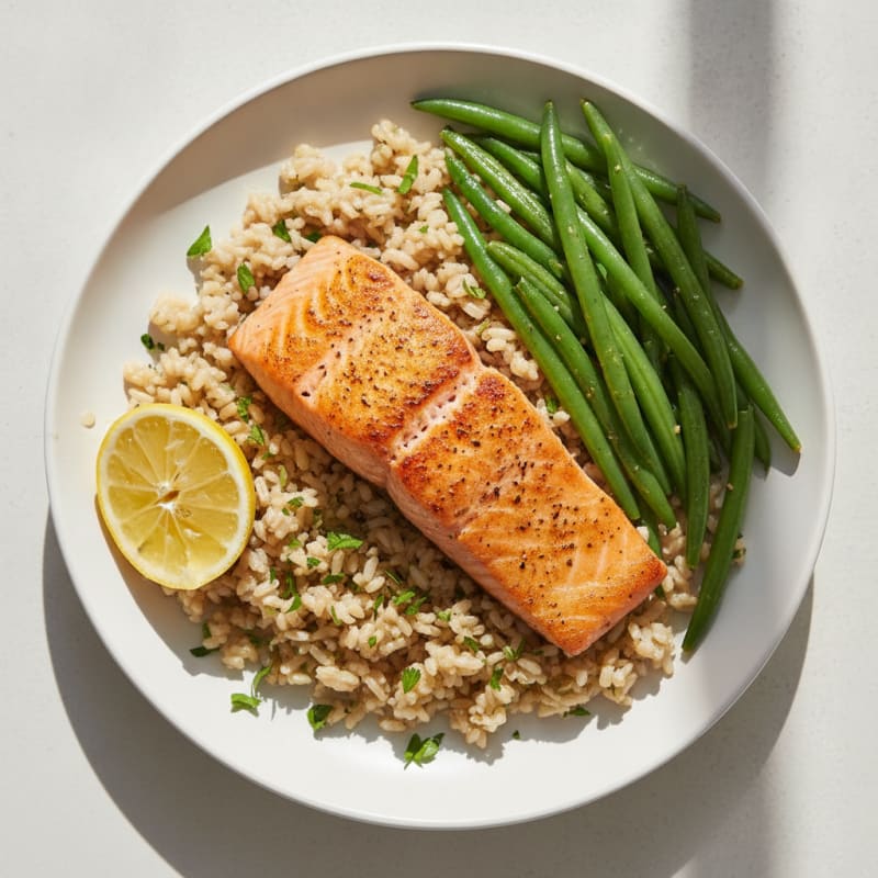 Seared Salmon Fillet with Steamed Green Beans and Herb Brown Rice