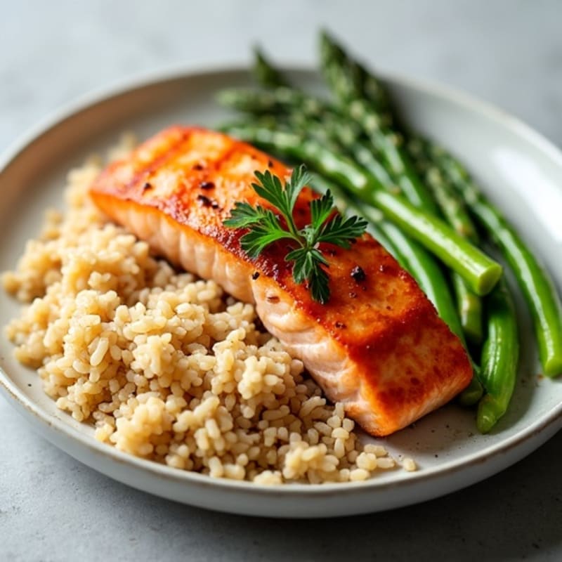 Seared Salmon with Steamed Asparagus and Brown Rice