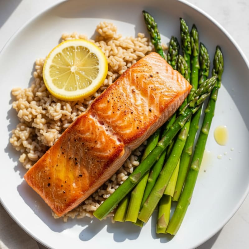 Seared Salmon with Steamed Asparagus and Brown Rice