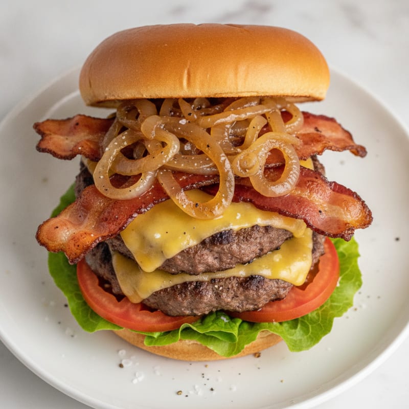Double Bacon Cheeseburger with Caramelized Onions