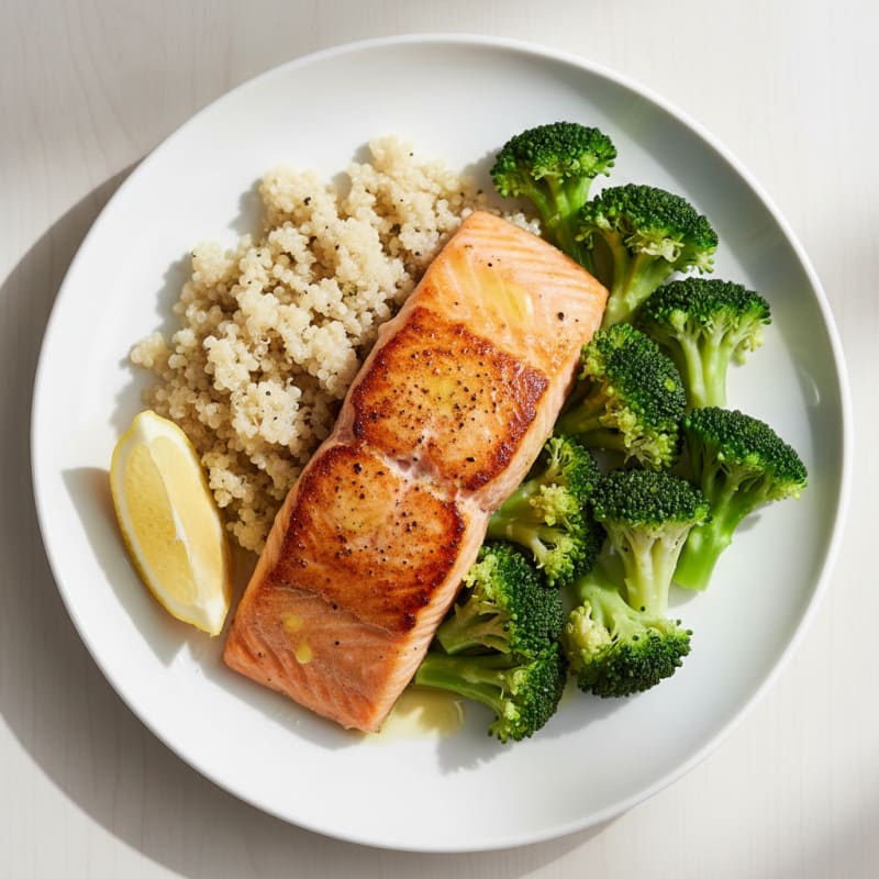 Seared Salmon Fillet with Steamed Broccoli and Quinoa