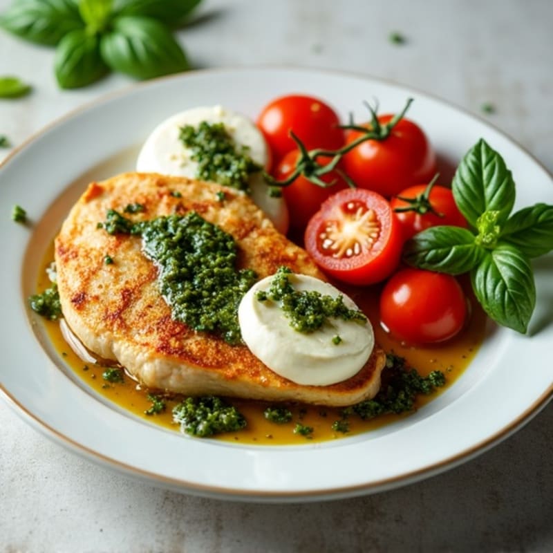 Pan-Seared Chicken with Fresh Mozzarella, Juicy Tomatoes, and Zesty Basil Pesto