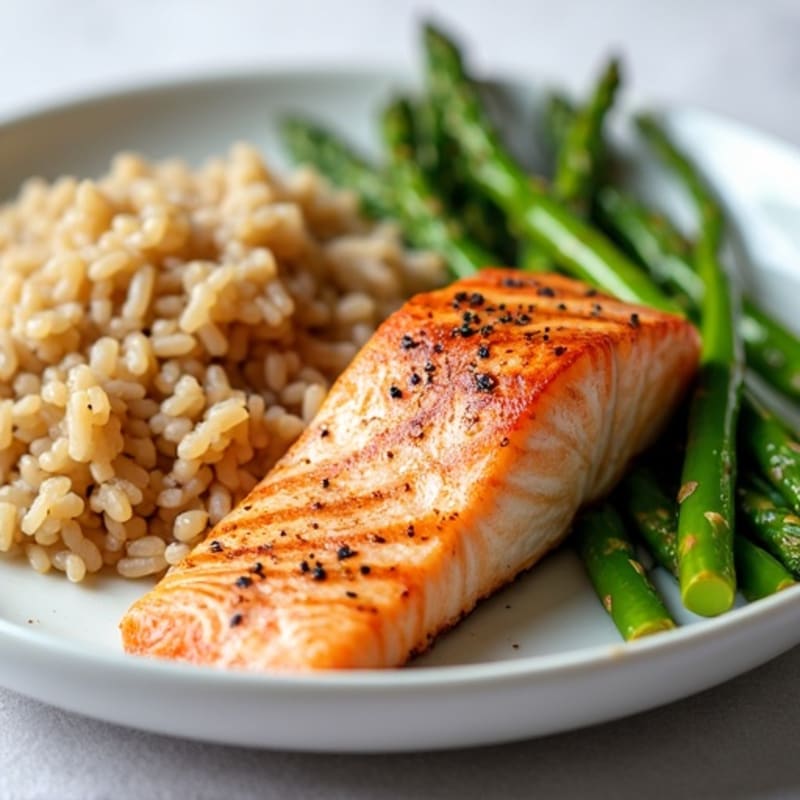 Seared Salmon with Steamed Asparagus and Brown Rice