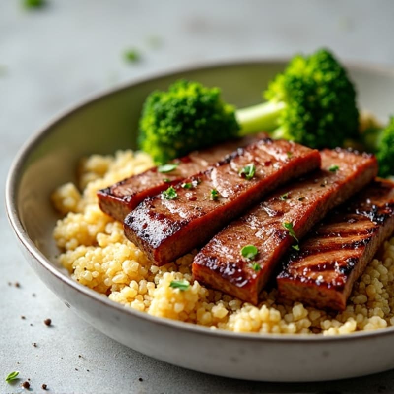 Seared Lean Beef Strips with Roasted Broccoli and Quinoa