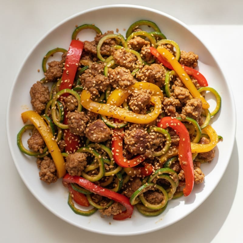 Lean Ground Turkey Stir Fry with Bell Peppers and Zucchini Noodles