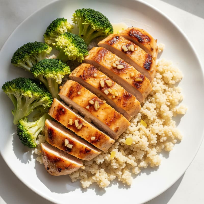 Grilled Lemon-Garlic Chicken Breast with Quinoa and Steamed Broccoli