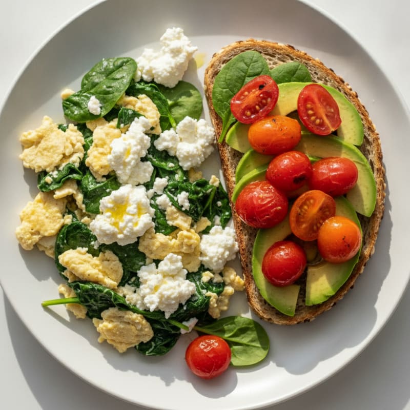Egg White and Spinach Scramble with Cottage Cheese and Cherry Tomatoes