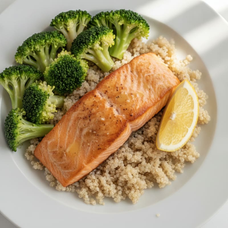 Seared Salmon Fillet with Steamed Broccoli and Quinoa