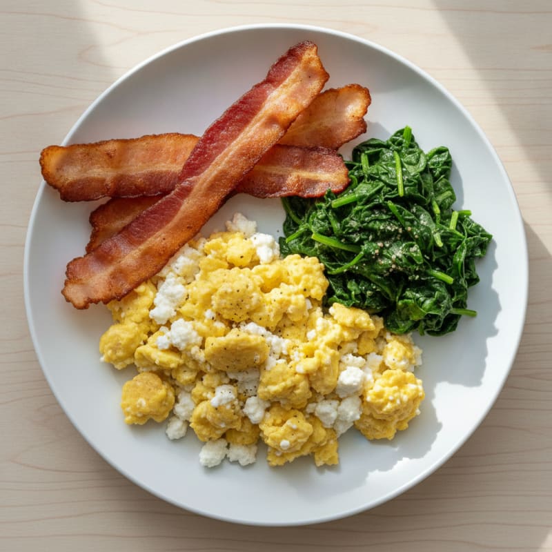 Cottage Cheese Scramble with Turkey Bacon and Sautéed Spinach