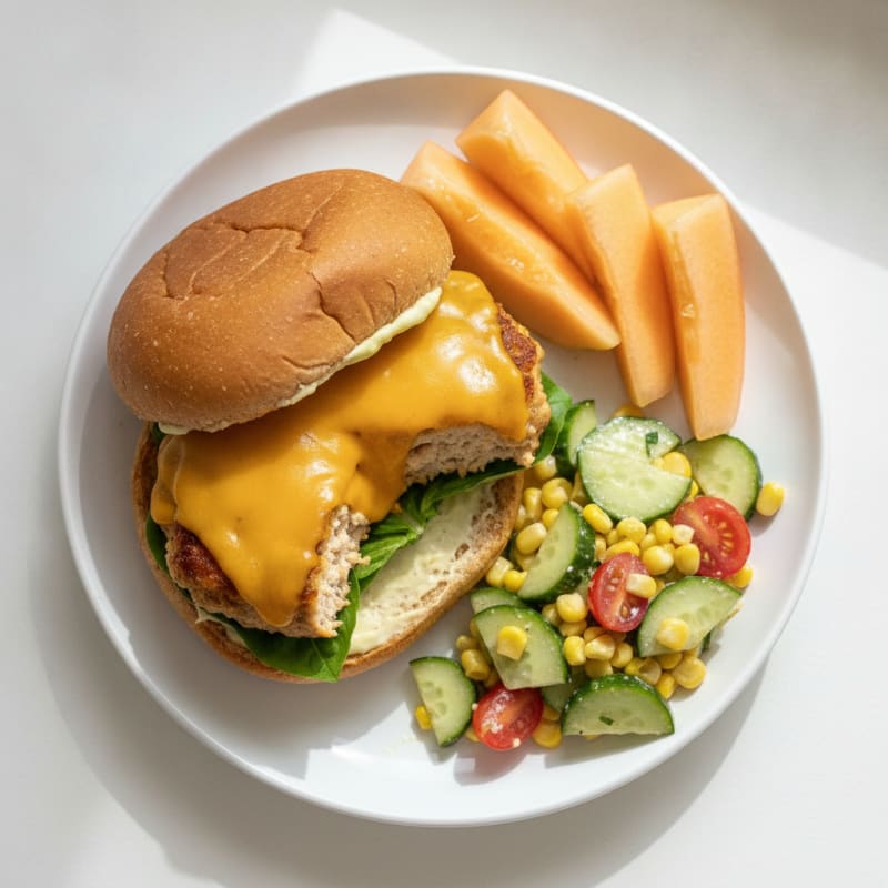 Cheesy Chicken Burger with Fresh Melon Slices