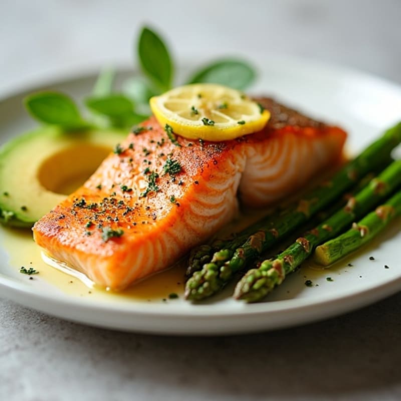 Crispy Baked Salmon with Creamy Avocado and Roasted Asparagus