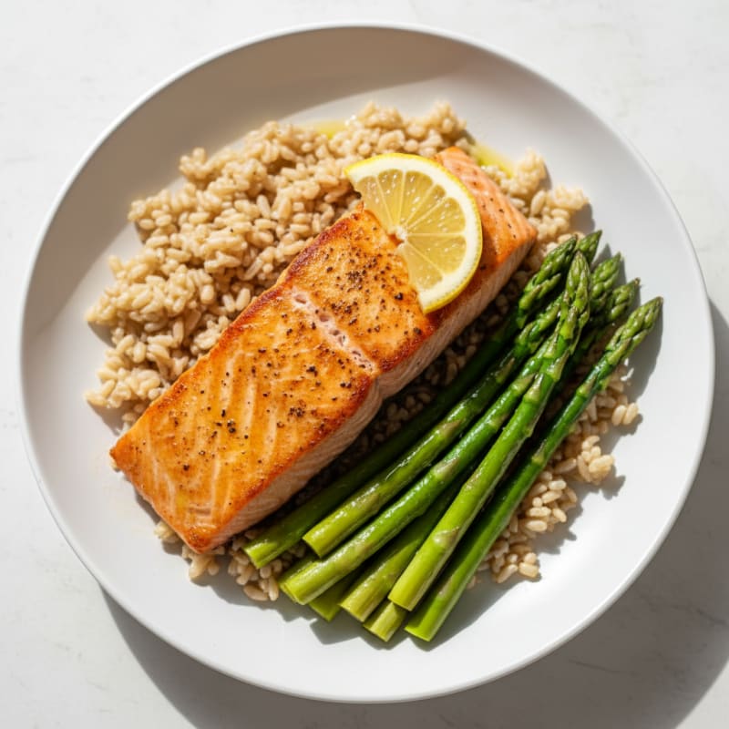 Seared Salmon with Steamed Asparagus and Brown Rice