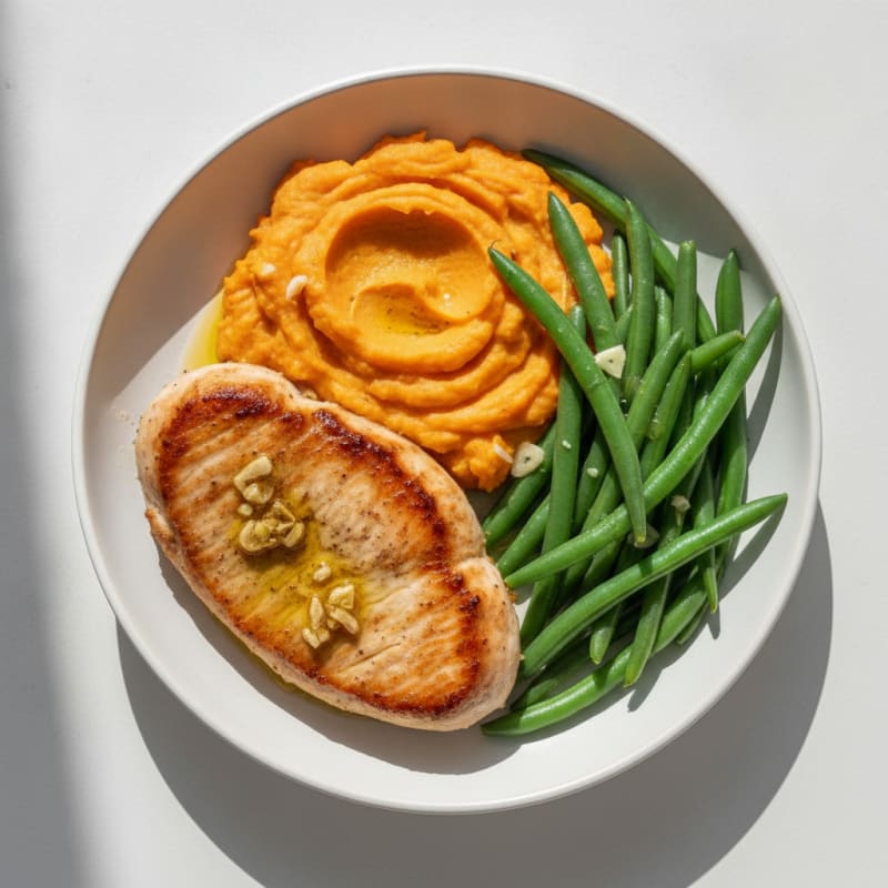 Seared Turkey Breast with Steamed Green Beans and Sweet Potato Mash
